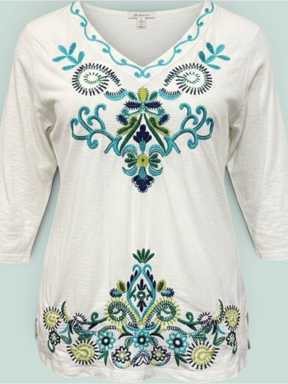 JM Collection White Tunic Top with Teal, Navy & Lime Embroidery Women’s large